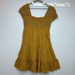 Crochet Top Layered Mini Dress Groovy Retro Y2K Boho Small Dainty Fairy Yellow